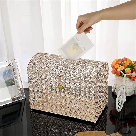 metal glass rectangle gift box for wedding card|ELLDOO Crystal Wedding Card Box with Heart Lock, .